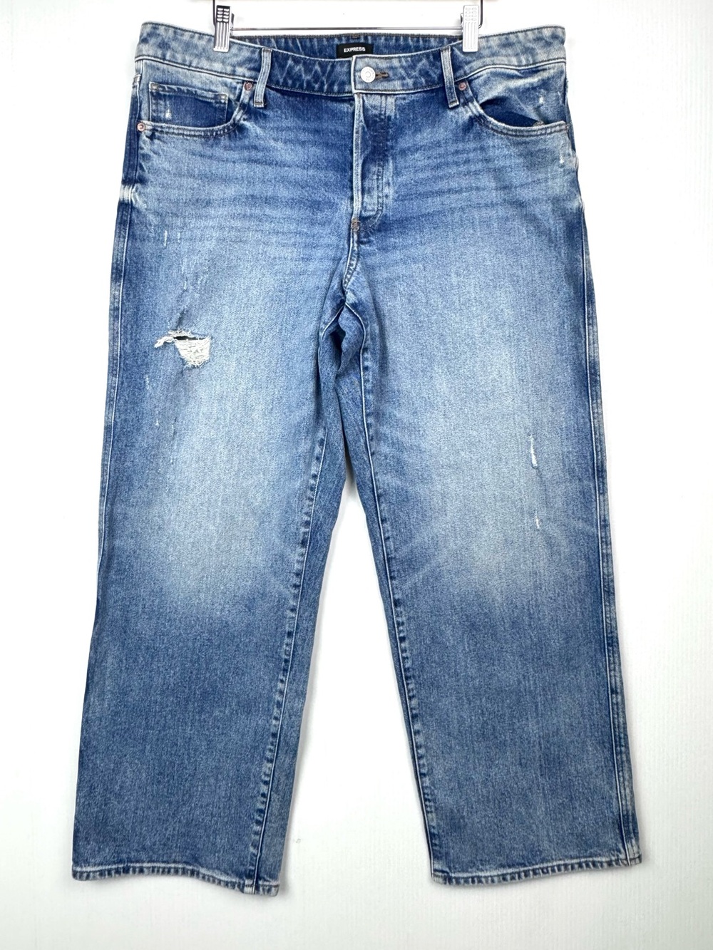 Express Relaxed Straight Leg Low Rise Distress Ripped Blue Jeans size 14